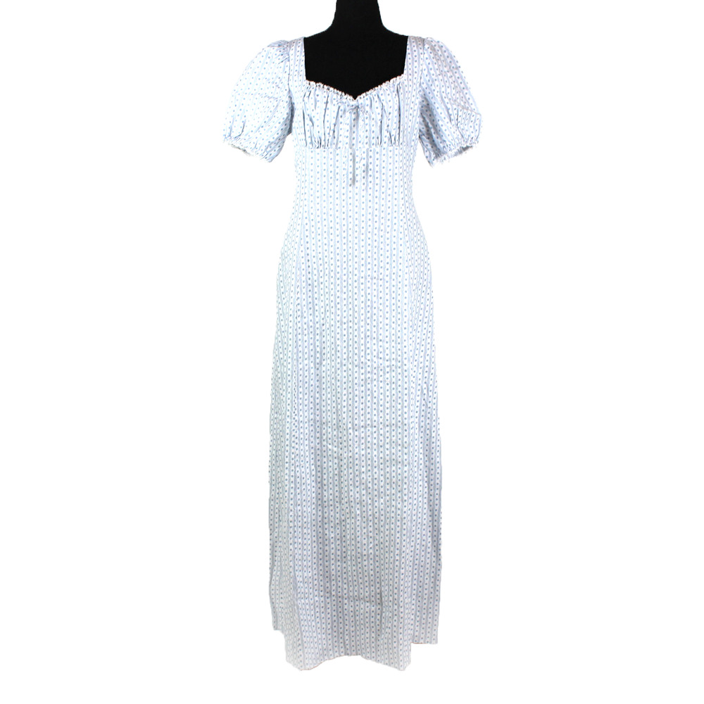 Reformation Cherise Maxi Dress NEW Linen Blue Motif Short Puff Sleeve Size 10 - Picture 2 of 8